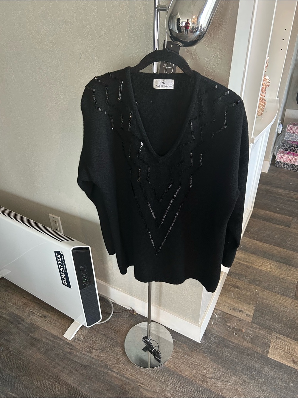 Vintage Andrew Christian-Paris Black V-Neck Beaded Wool Knit Sweater